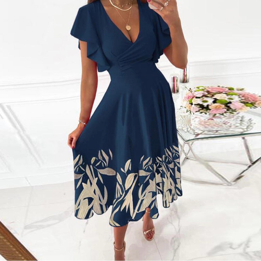 Elegant Navy Blue Midi Boutique Dress with Floral Accents
